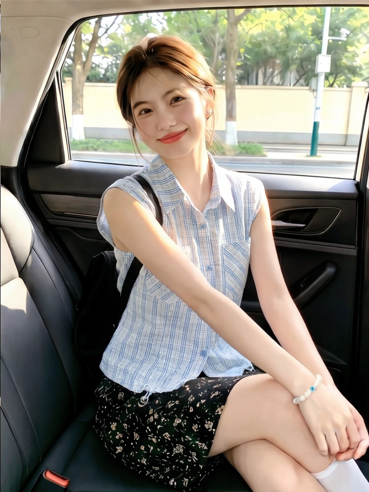 

Blue Plaid Neck Open Cardigan Shirt Women Summer Thin Retro Anti-Aging Super Beautiful Top Trendy Sweet Style Loose Fit
