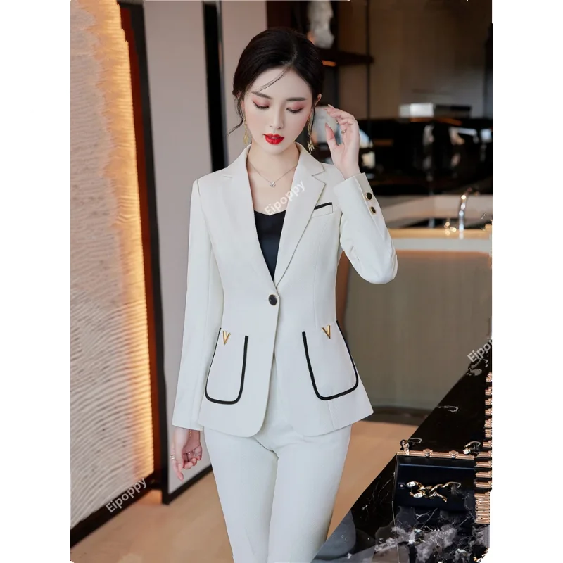 Conjunto de chaqueta y pantalones de 2 piezas para mujer, trajes formales de negocios, trajes informales con bolsillo, Blazer ajustado con un solo botón, novedad de 2024