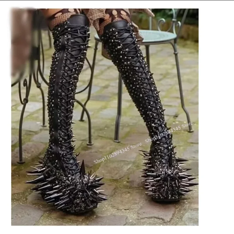 Black Rivet Knee High Diamond Lace Up Boots Wedge Platform Cool Fashionable Novel Sexy Woman Shoes Winter Party Zapatillas Mujer