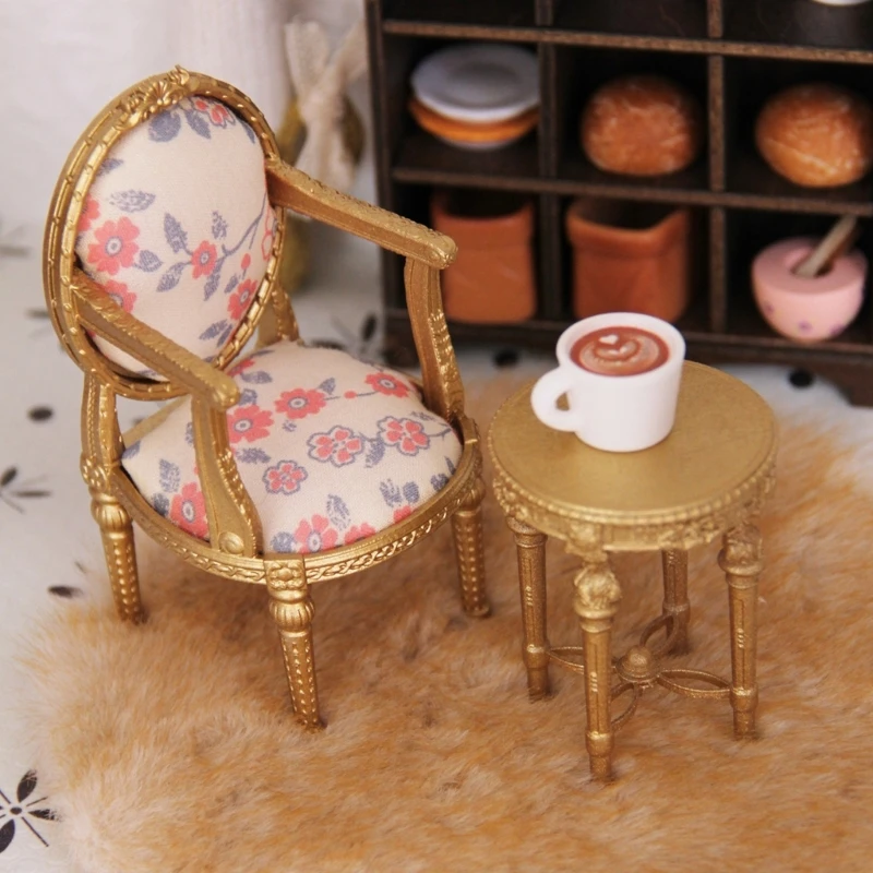 

1/12 Scale Wooden Dollhouses Furniture Set Mini Wooden Table And Chair For Kids Floral Pattern 15UB