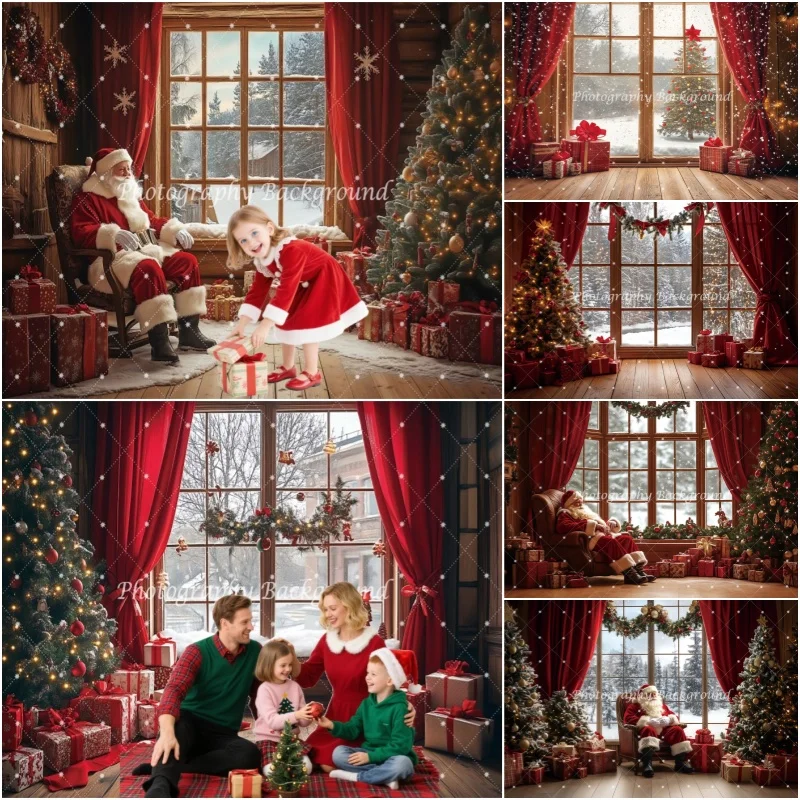 

Santa Claus Backgrounds for Photographs Christmas Tree Gifts Bell Wooden Window Kids Party Decoration Photography Backdrop Prop