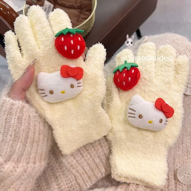 

Sweet Hello Kitty Anime Kawaii Sanrio Ins Fashion Warm Gloves Cute Cartoon Winter Gloves Fingers Protection Gifts for Girls
