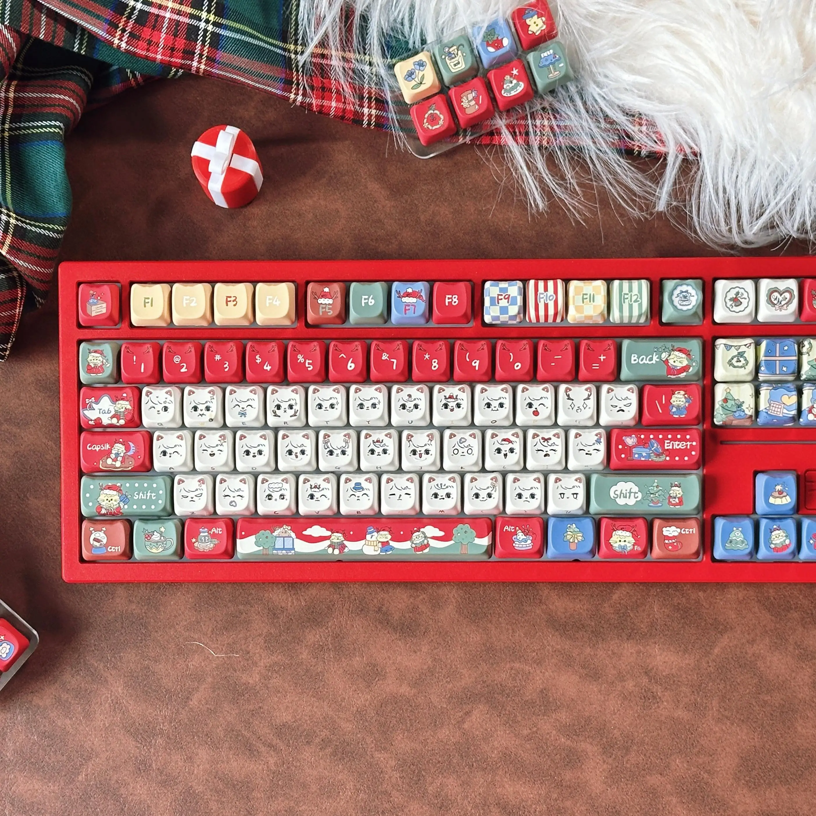 Meow Christmas Theme Keycap MAO Profile 142 Keys Cute Cat Head PBT Sublimation KeyCap Winter Letters Mechanical Keyboard Keycaps
