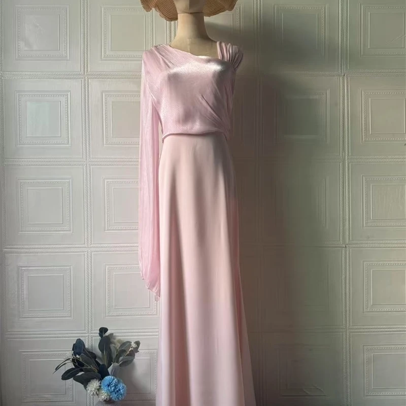 가을 원숄더 롱 슬리브 가운 이브닝 드레스 럭셔리 스플라이스 스무스 새틴 슬림 롱 드레스 여성 레이스업 머메이드 맥시 드레스