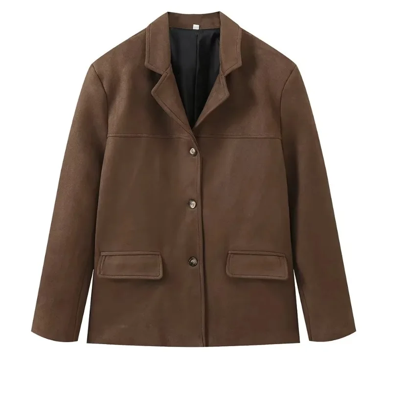 Veste à revers marron avec poche pour femme, simple boutonnage, manches longues, manteau vintage, automne, nouvelle rue, mode féminine, 2024