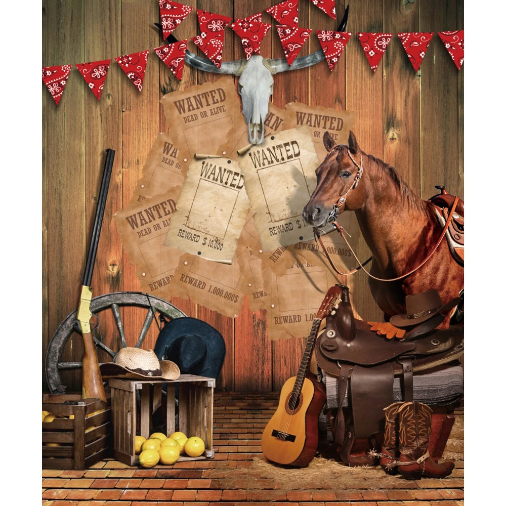 Laeacco Western Cowboy Backdrop Wild West Wooden House Granary Horse Boys\' Birthday Baby Shower Portrait Photography Background