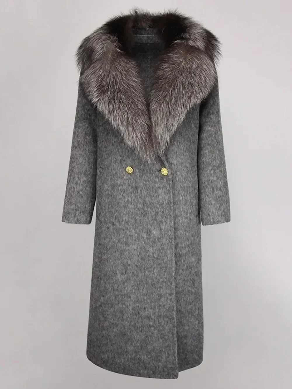 Natural Fox Fur Collar New 2024 Real Fur long Coat Winter Jacket Women Wool Woolen Demure Ladies thick warm Outerwear Streetwear