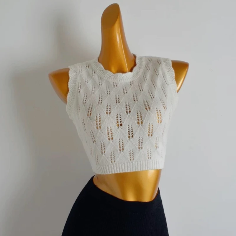 Micosoni Ultra-short Tanks Hollowed-out Thin Breathable Small Vest for Women's Summer High-waisted Belly Button Sleeveless Top