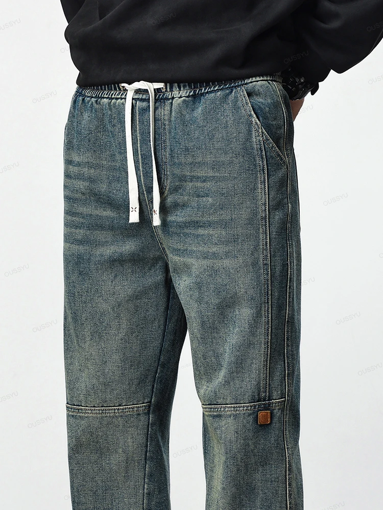 Autunno Inverno Retro Blue Jeans Uomo Pantaloni dritti in cotone Vita elastica Pantaloni casual spessi Uomo di grandi dimensioni 4XL Marchio di abbigliamento