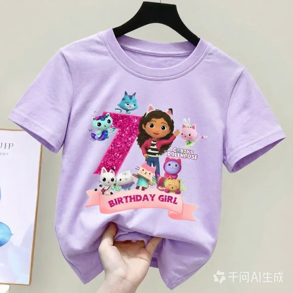 Gabbys Dollhouses Geburtstags-T-Shirt für Mädchen, weiß, rosa, kurzärmelig, Oberteile, Baumwolle, Sommer, Freizeit, Partyartikel, T-Shirt. – Detail 12