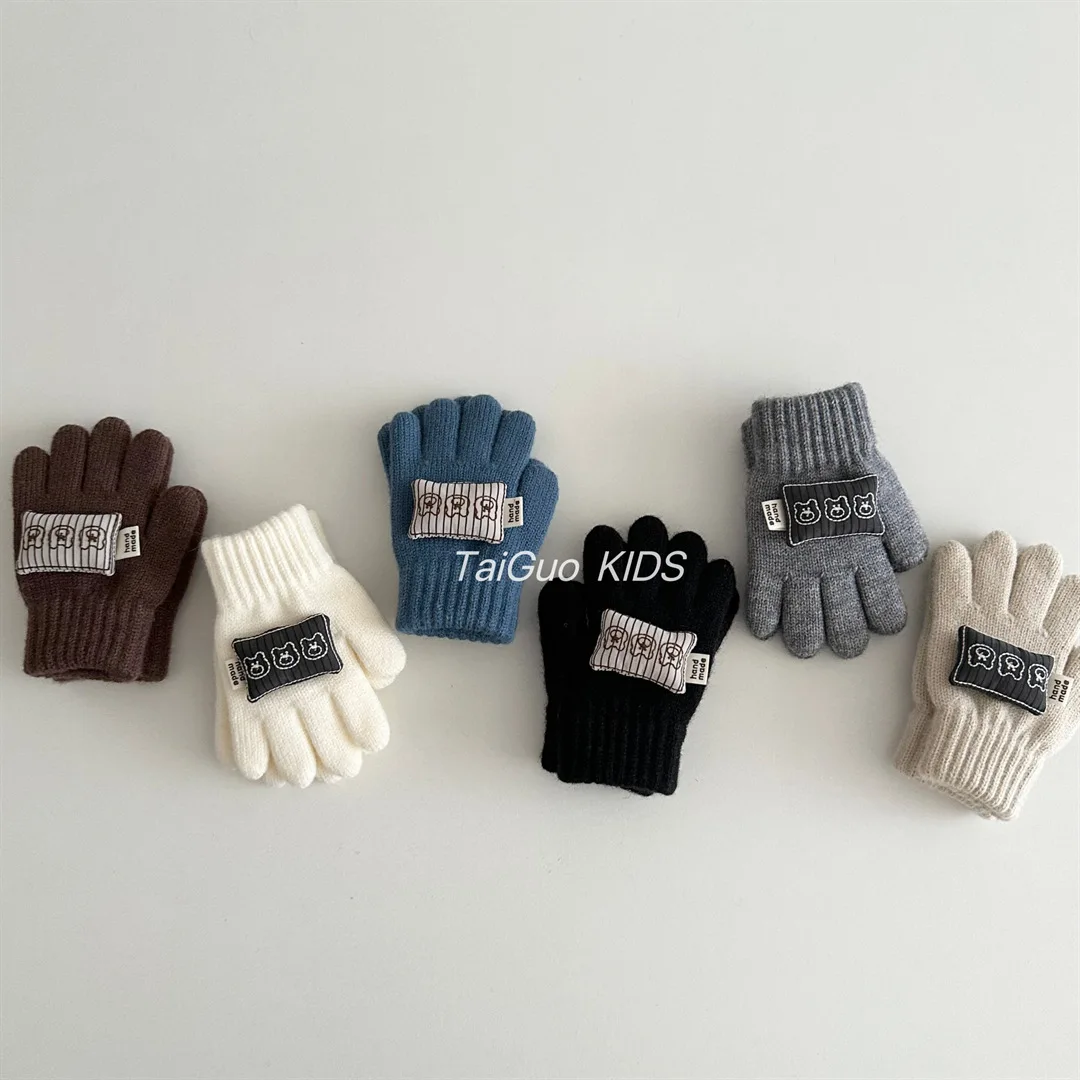 Warm Knitted Children's Gloves Five-Finger Outdoor Winter Thermal Mittens Unisex Cute Solid Color Baby Boys Girls Handwear ﻿