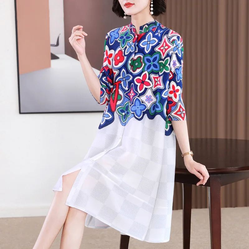 

Miyake Pleated Dress Women 2023 Lmproved Cheongsam Retro Embroidery Pleated Loose A Version Of Summer Dresses Women's Clothing