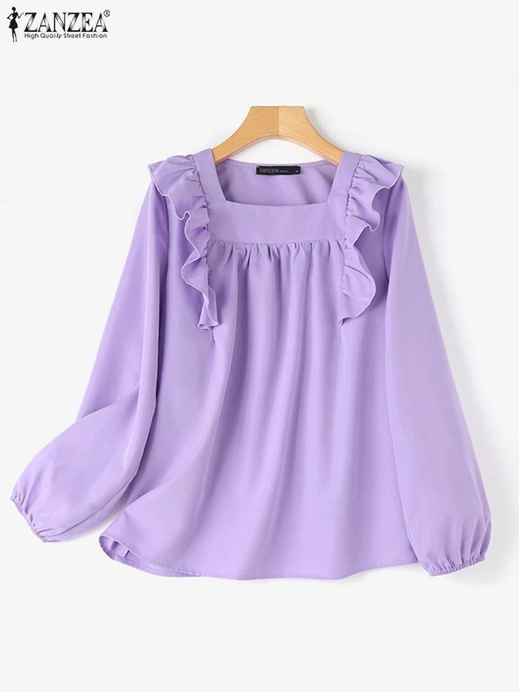 ZANZEA-Blusa dulce de verano para mujer, camisa de manga larga con cuello cuadrado Harajuku, Tops con costuras con volantes, Tops elegantes lisos para oficina 2024