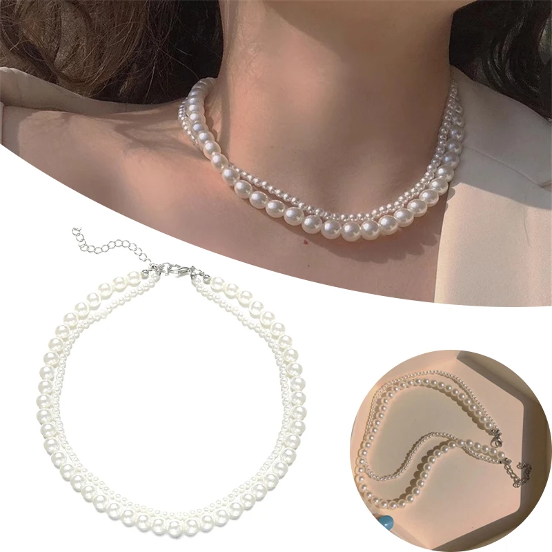 Trendy Elegant Pearl Beaded Choker Necklace Ladies Exquisite Double Layer Clavicle Chain Necklace Jewelry For Ladies Gift image 2