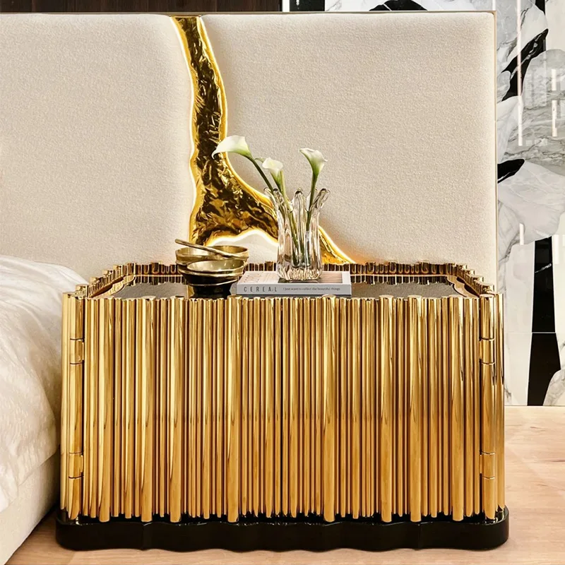 Light luxury bedside table designer luxury villa bedroom household stainless steel wall storage bedside cabinet