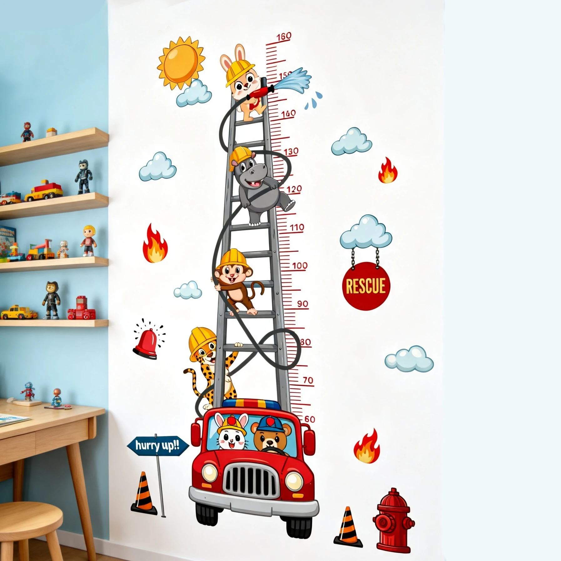 Cartoon Animal Fire Truck Height Chart Wall Stickers Firefighter Animals Ladder Fire Engine Growth Ruler Wall Decals Removable K