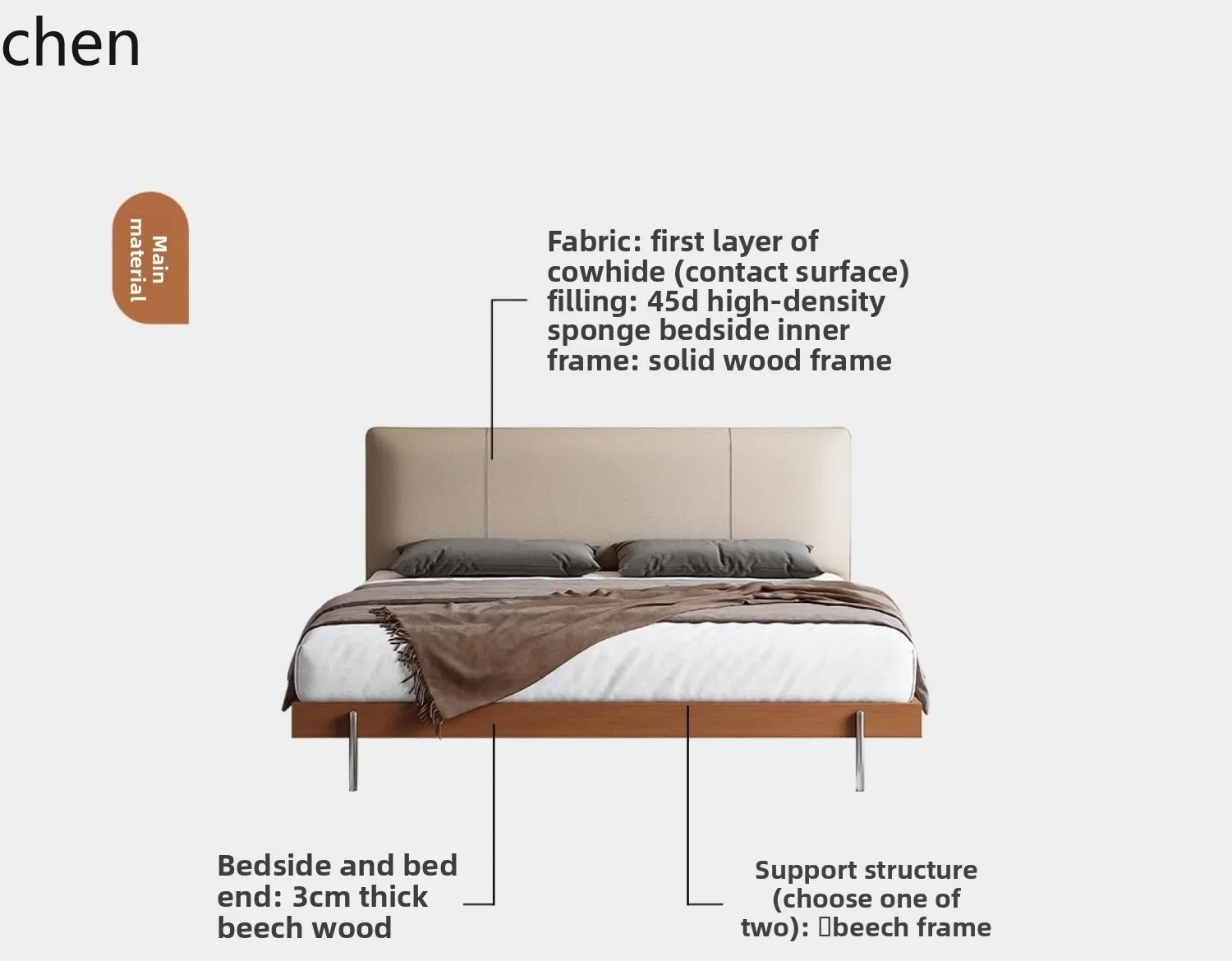 Full Edge Bed Thin Headboard 1 High-end Solid Wood Bedroom Vintage Mid-century Style Genuine Leather Bed