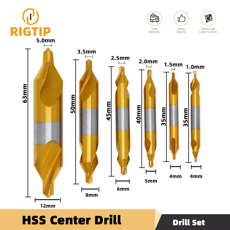 RIGTIP HSS Combined Center Drills Ti-Coated 60 Degree Countersinks Angle Bit Set 6pcs 1.0-5mm Metal Centering Dril Bit