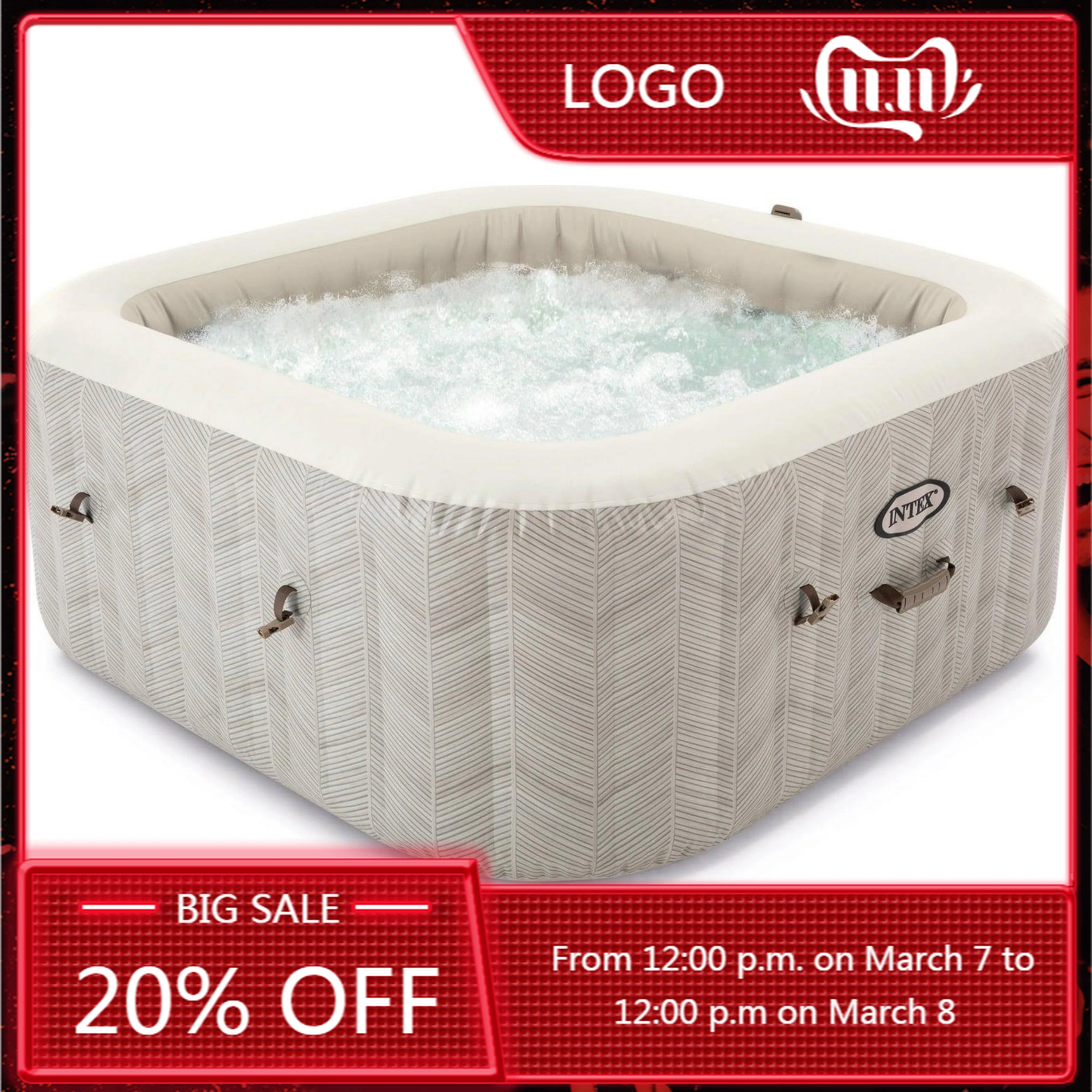 

STLF INTEX 28446NP Inflatable Rectangular PVC Spa Pool Deluxe Square 4 Seater Inflatable Hot Tub 1.75mX1.75mX71cm