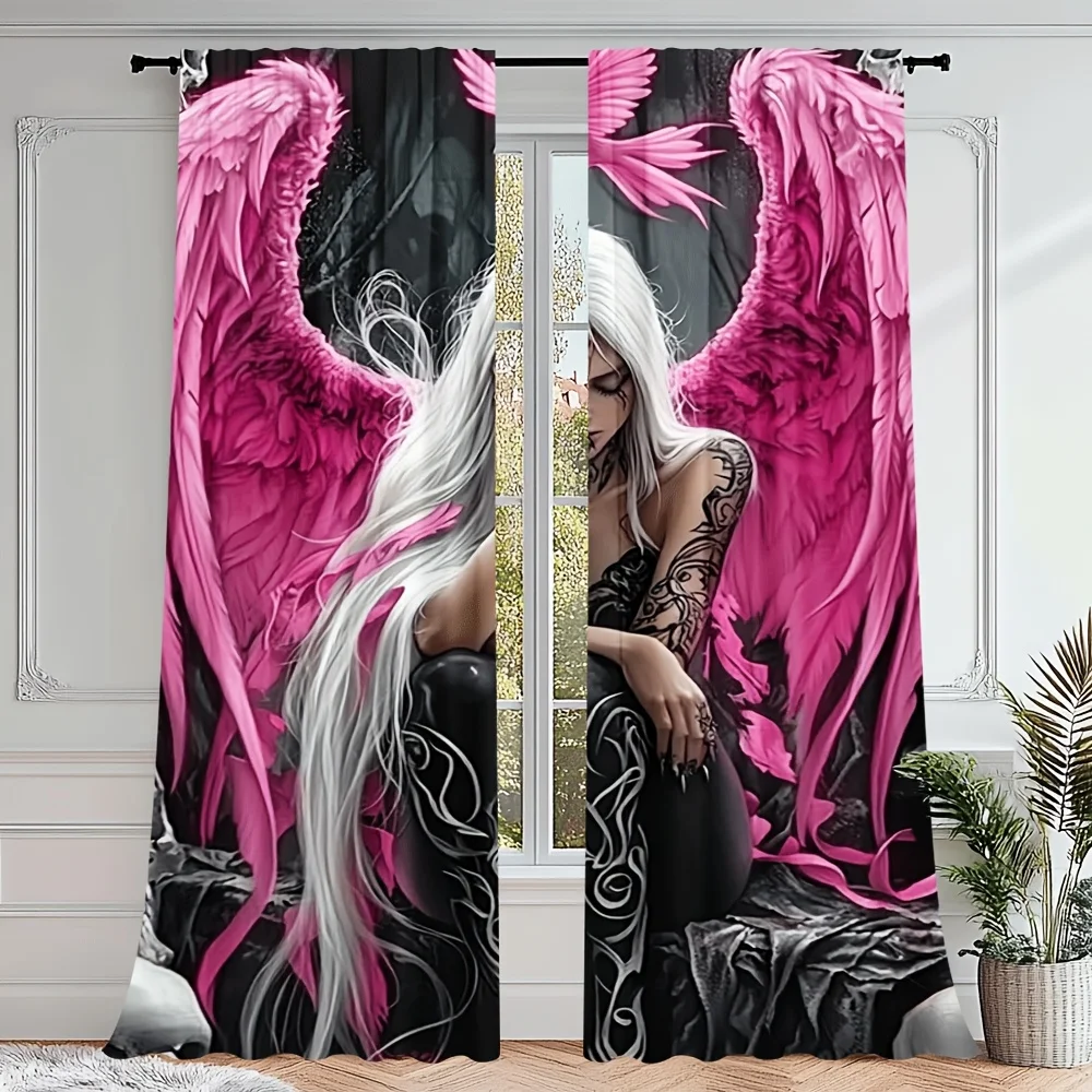 2pcs Pink Angel Wings Curtains Fantasy Girl Print Blackout Drape Living Room Bedroom Window Treatment Home Decor