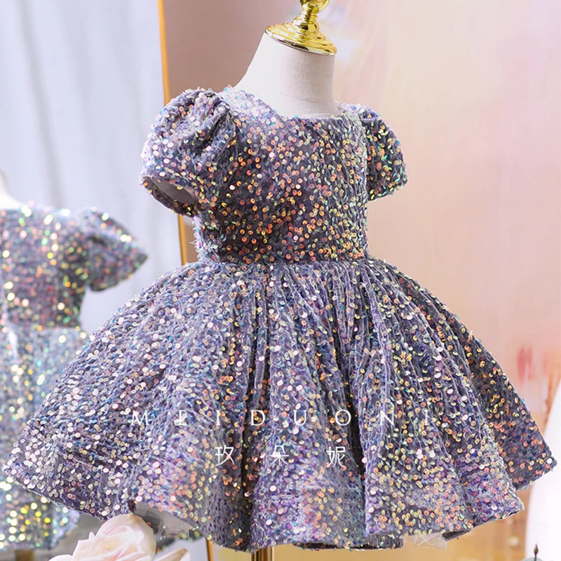 Puffy Princess Dress for Girls Sequin Purple Kids Dresses Children Clothing Girl Wedding Party 8 14 Years Elegant Catwalk Show