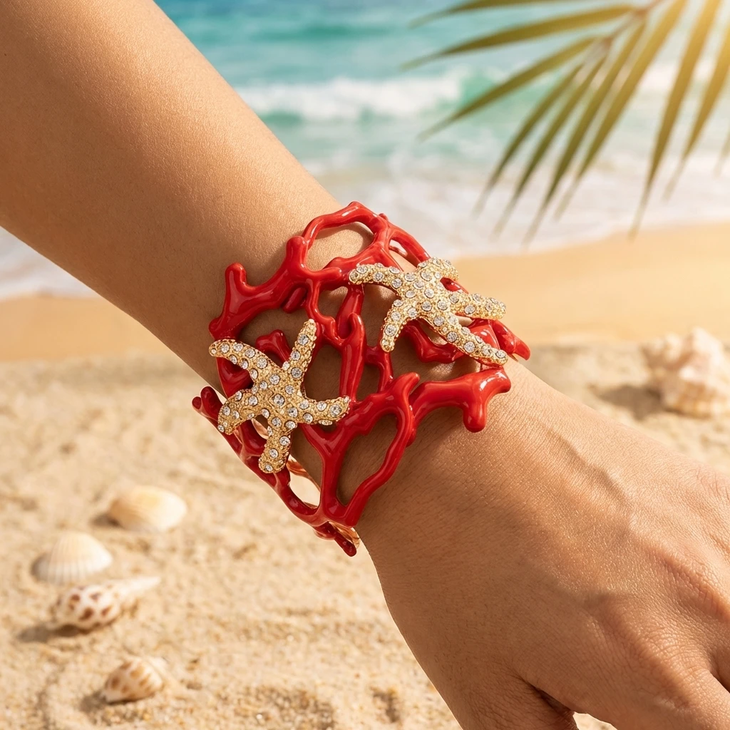 

Ocean Theme Chunky Red Coral Wide Cuff Bracelet For Women Sparkling Rhinestone Starfish Bangle Summer Beach Resort Charm Jewelry