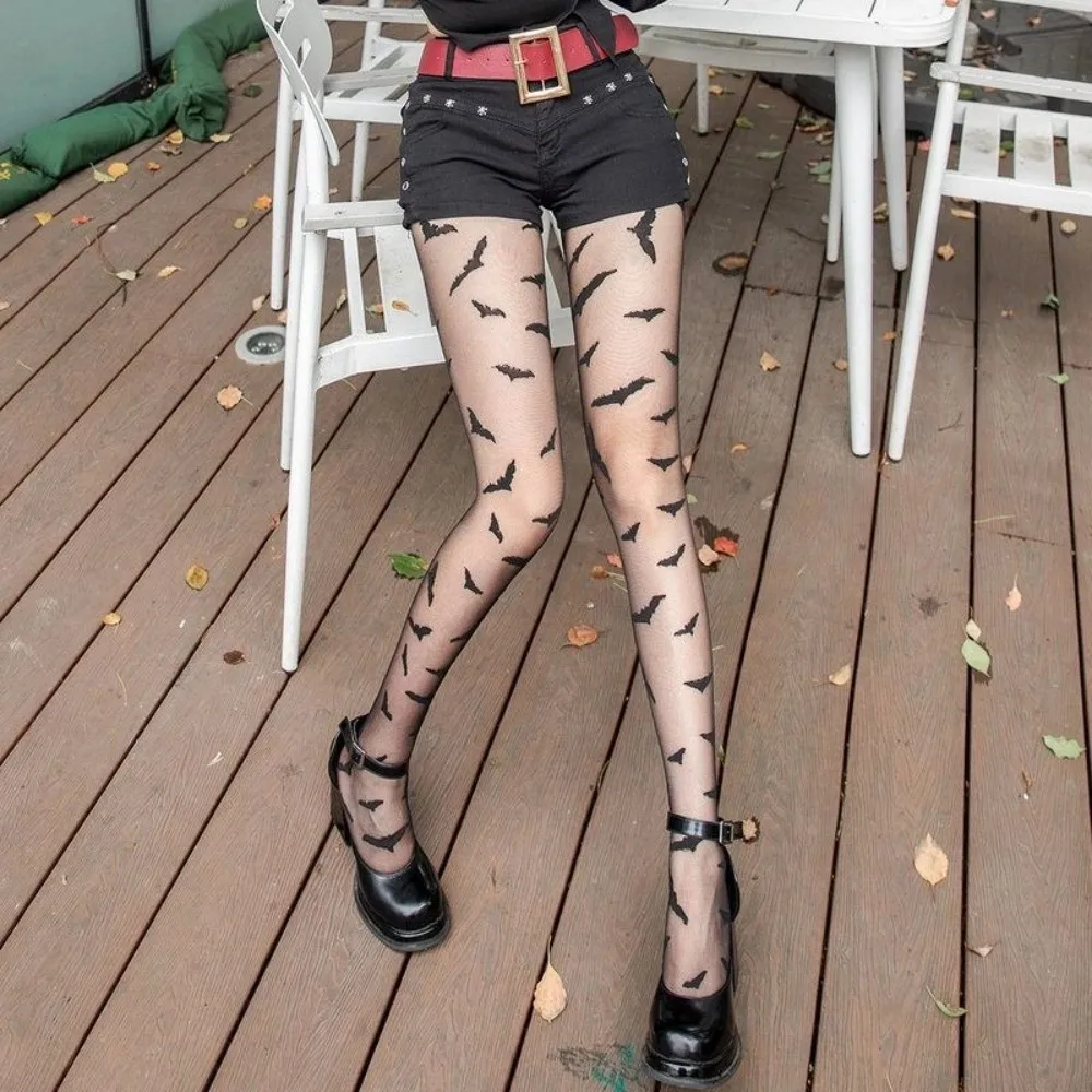 Dark Style High Waist Halloween Pantyhose Spider Web Witch Pantyhose Bat Pattern Tights Gothic Elasticity Stockings Y2k Style
