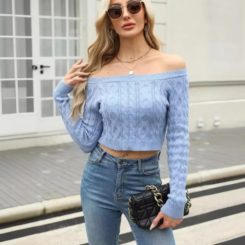 Women Fashion Sweater 2024 Vintage Cable Knit Thermal Pullovers Elegant Sexy Straight Shoulder Crop Tops Versatile Party Wear