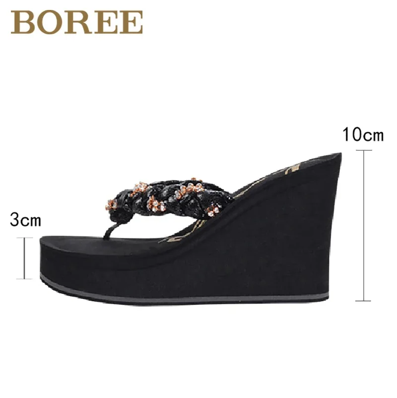 Boree Crystal Women Shoes Flip Flops High Flat Heel Slippers Outdoor Beach Sandals Wedges Platform Slids femme pantoufles