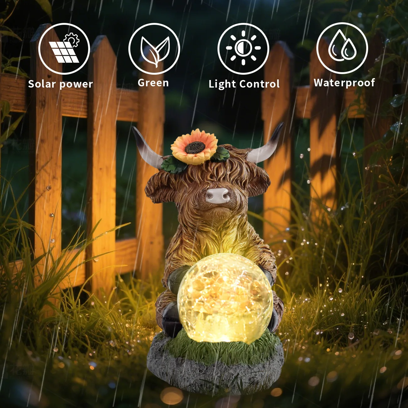 Crack Ball Highland Cattle Solar Outdoor Light Statue Ornament Villa Garden Courtyard Decoration Ambient Light