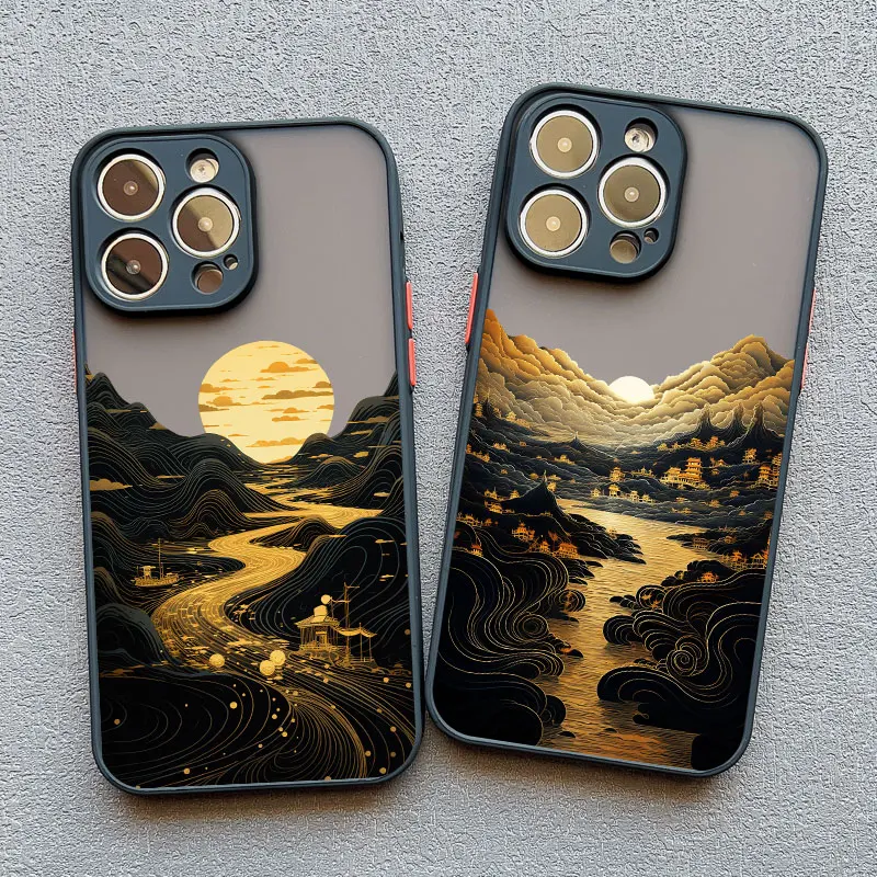 INS Mountain river Landscape Sunset Phone Case For iPhone 11 12 13 14 15 16 Pro Max Plus Mini 7 8 Plus XR X XS Shockproof Cover