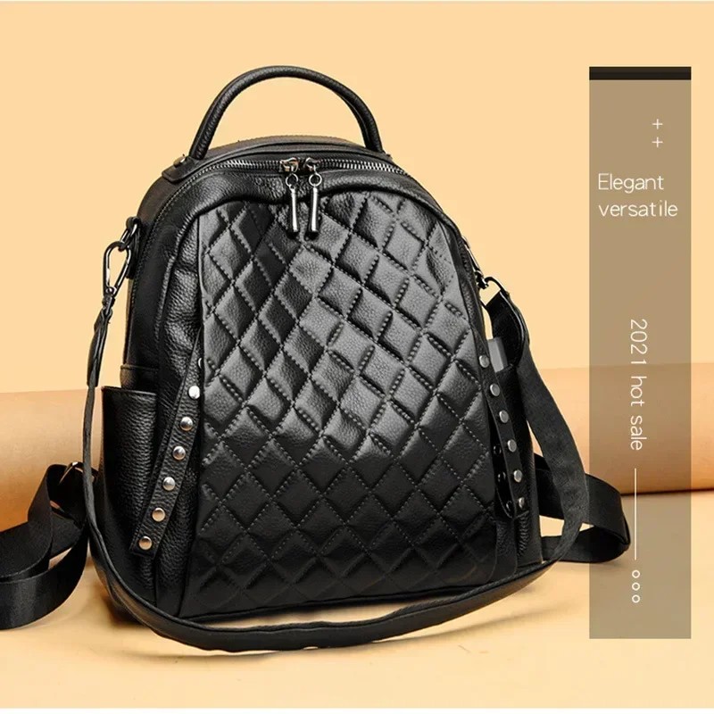 

New Fashion Genuine Leather Women Backpacks Luxury Brand Female Real Natural Leather Lingge Girl Student Casual Backpack