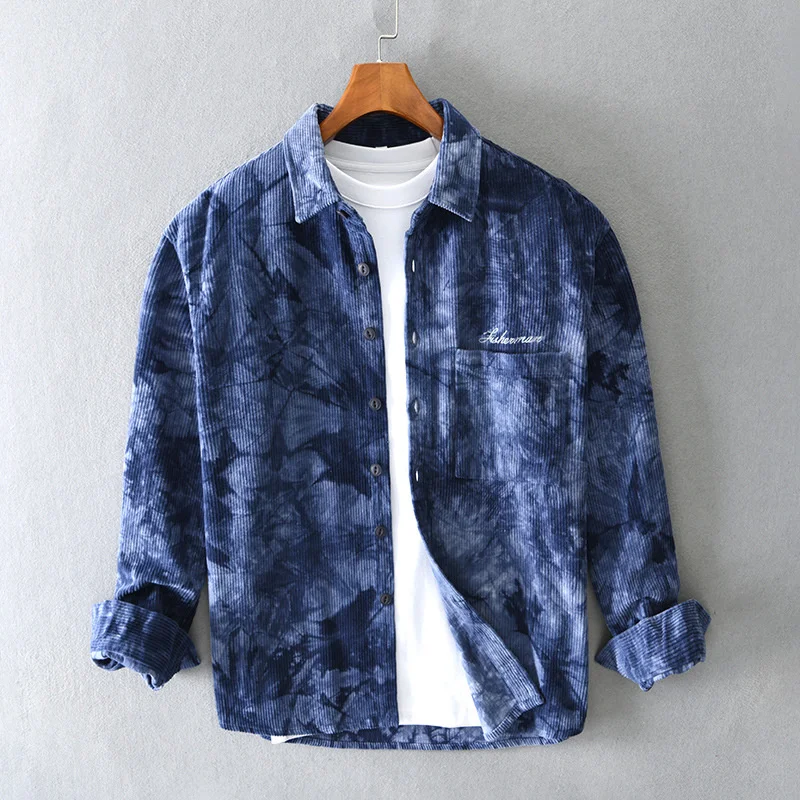 

2023 Spring Corduroy Shirt Men Fashion Blue Tie Dye Shirt Man Streetwear Loose Drop shoulder Long Sleeve Shirts Mens Dress Shirt