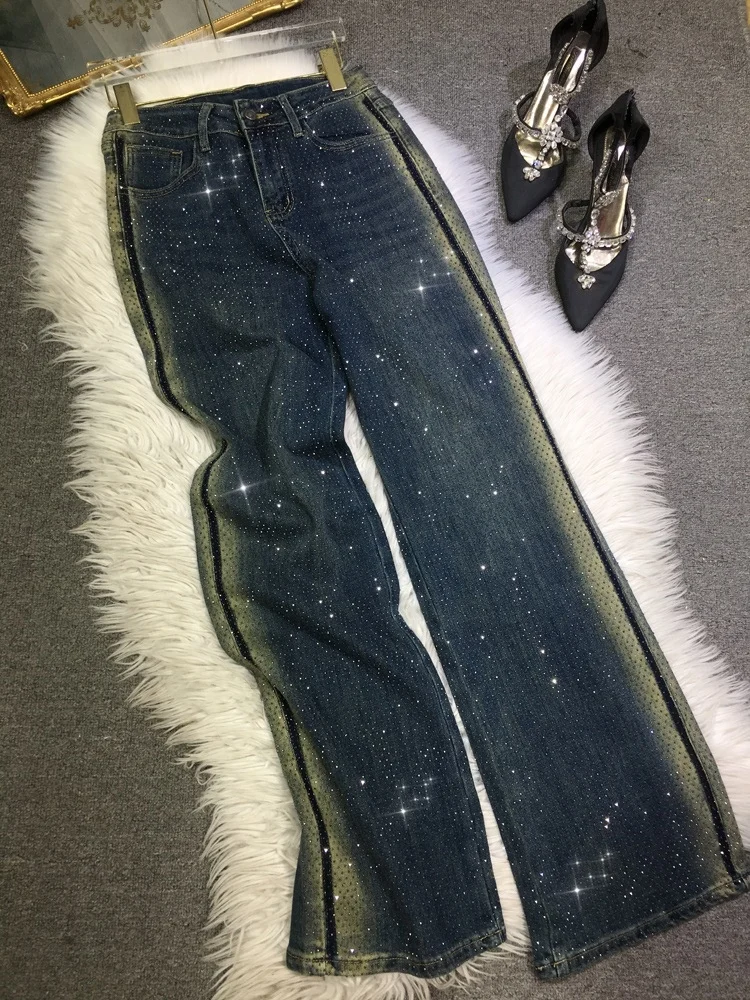 

High Waist Slimming High Elastici Denim Jeans Women's Faion Waed Diamond Embellied Straight Leg Spring Autumn