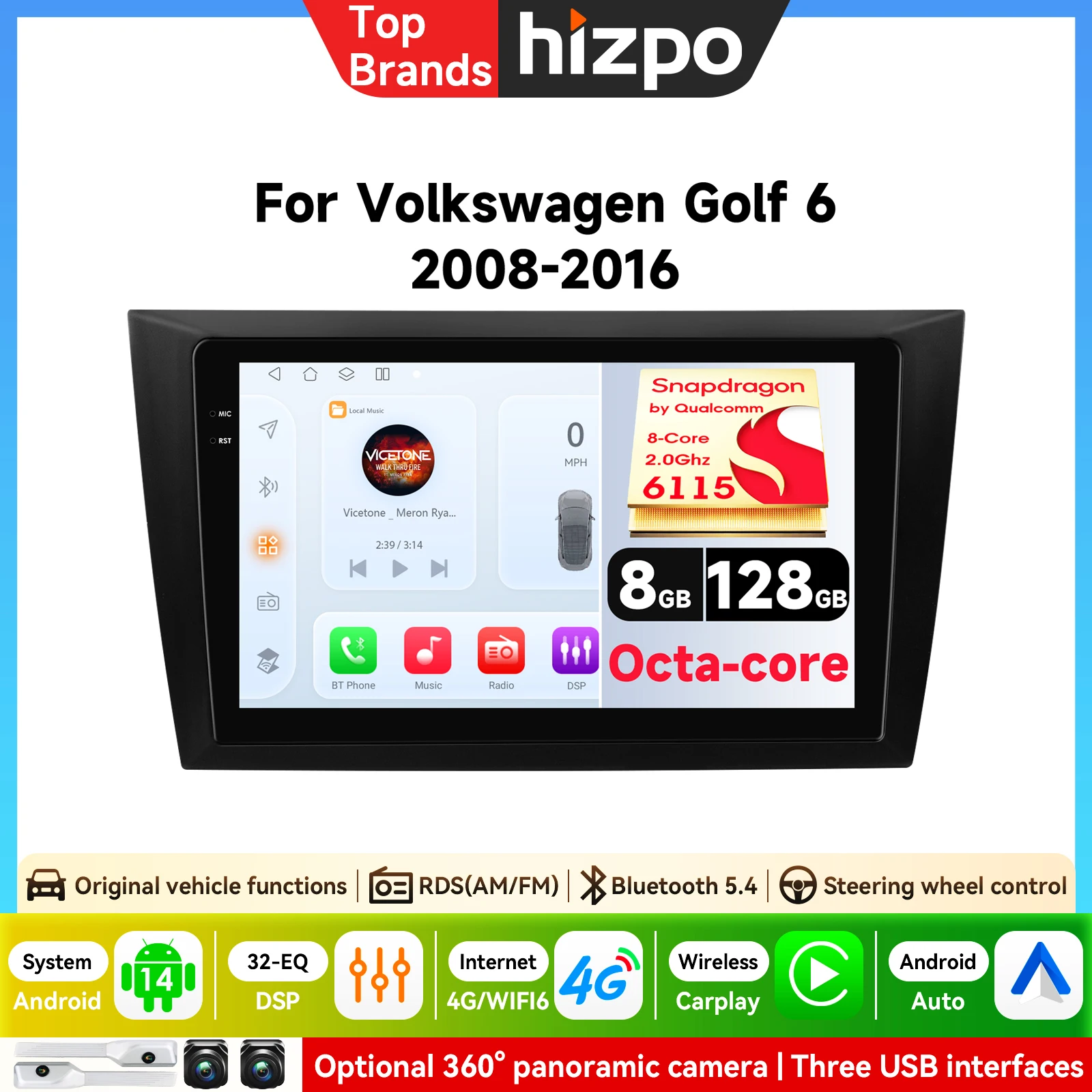 Hizpo 6115 AI 4G LTE Kabelloses CarPlay Android Auto Autoradio für VW Volkswagen Golf 6 2008 2009 2010-2016 GPS Navi BT DSP RDS FM