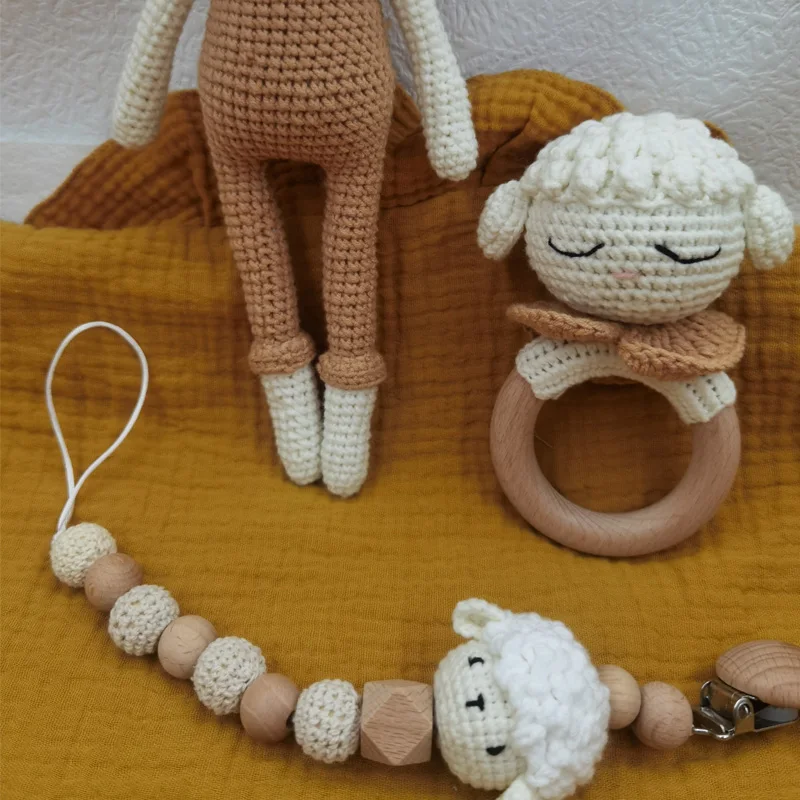Baby Fopspeen Clip Gehaakte Schapen Tafelbel Tandjes Rammelaar Dummy Chain Jongen Meisje Unisex Bijtring Baby Douche Cadeau