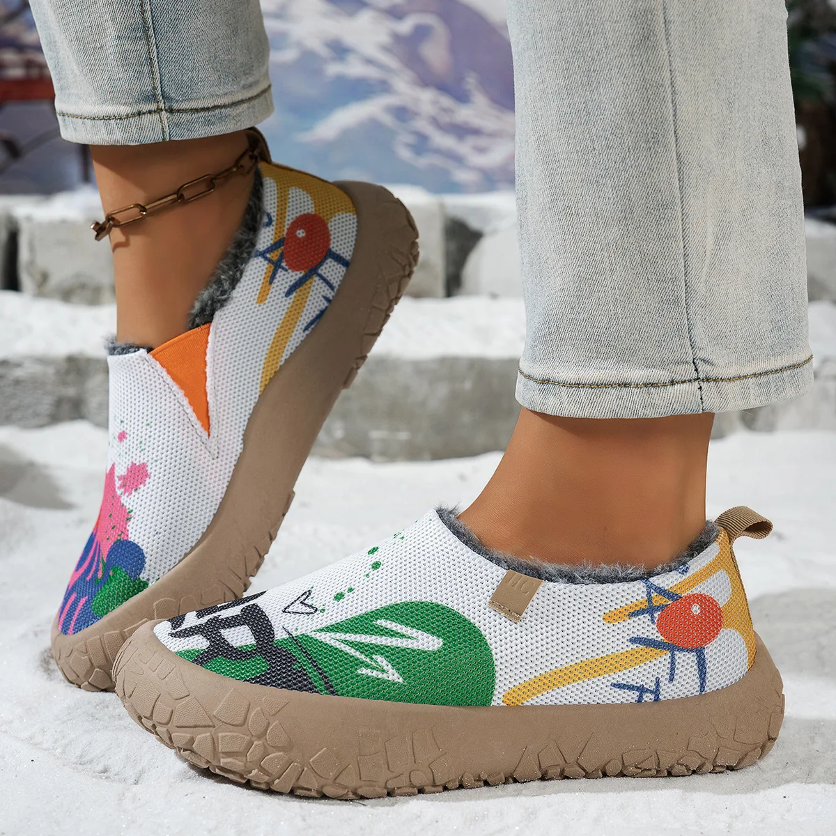 Damen Winter Slip-on Freizeitschuhe Graffiti-Obermaterial Fleece-gefüttert Rutschfeste Dicke Sohle Warme Outdoor-Wanderschuhe – Detail 6
