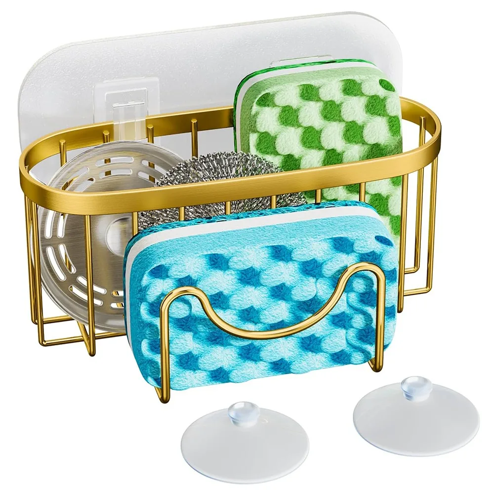 

Suction Cups Sponge Drainer Rack Hollowed Rustproof Stainless Steel Sponge Holder with Hook Space-Saving Sink Sponge Stand