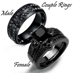 Gorgeous Black Full Zircon Couple Ring Fashion Men's Stainless Steel Ring Elegant Women's Heart-shaped 2pcs Wedding Jewelry Gift