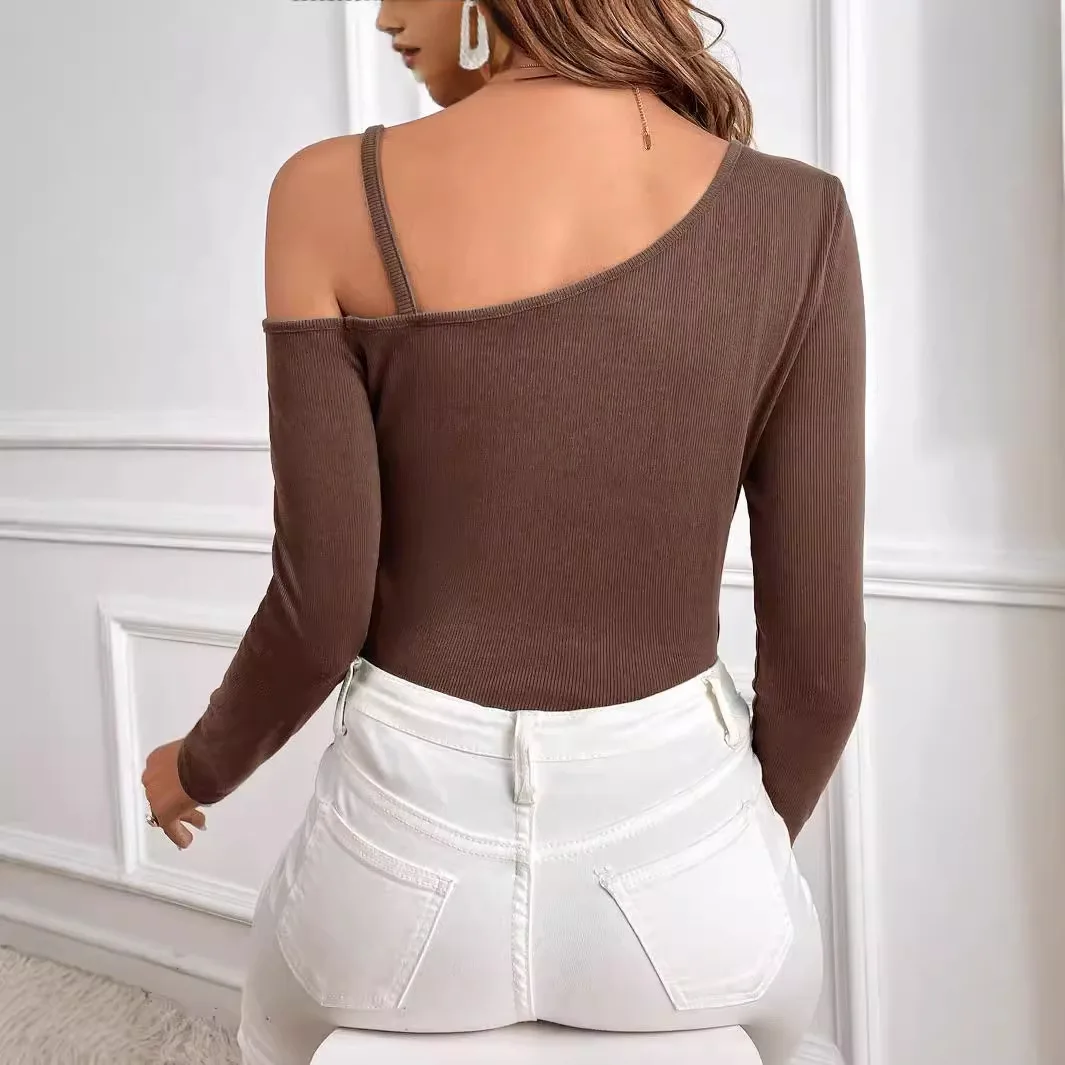 Women Simple and Elegant Style T-shirt Slant Collar Off-shoulder One-sided Suspender Discreet Top