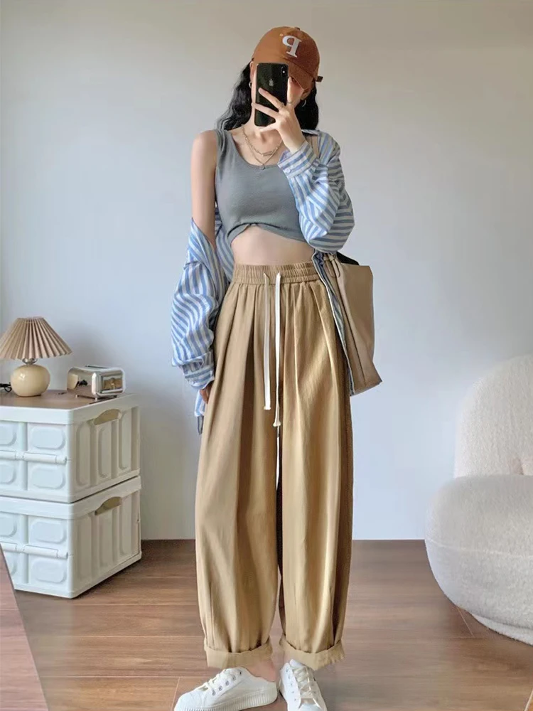 Pants Women Baggy Straight Summer New Thin Sun-proof Breathable Quick Dry Cozy Casual Solid Lace Up High Waist Fashion Trousers