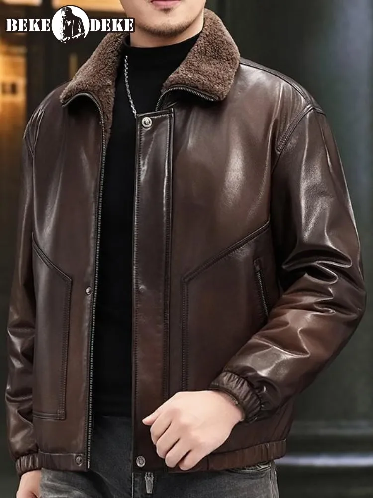 Fashion Leisure Genuine Leather Wool Collar Long Sleeves Down Coat Slim Zipper Warm Pocket Male Sheepskin Handmade Outerwear