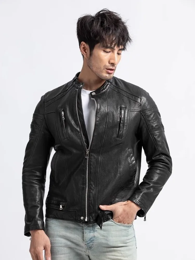 Punk Mens Genuine Leather Motorcycle Bikers Jacket Slim Fit Fashion Zipper Stand Collar Sheepskin Short Coat Customized 15 Days