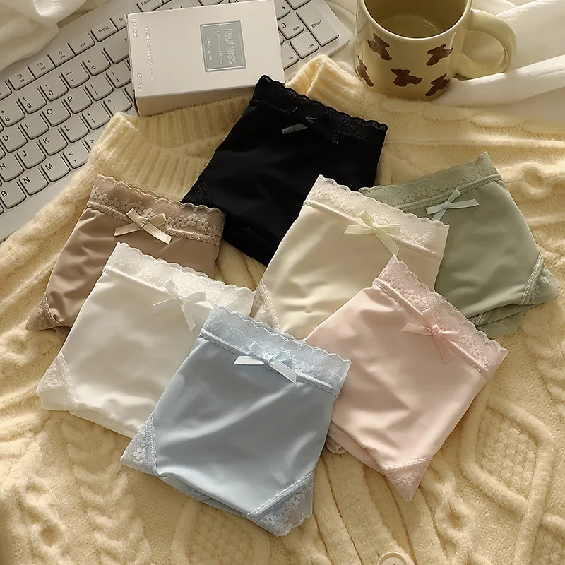 Ropa interior de seda helada para mujer, bragas con máscara de cintura media sin costuras de secado rápido, bragas sexys con adornos de encaje de estilo japonés para adolescentes, 3 piezas