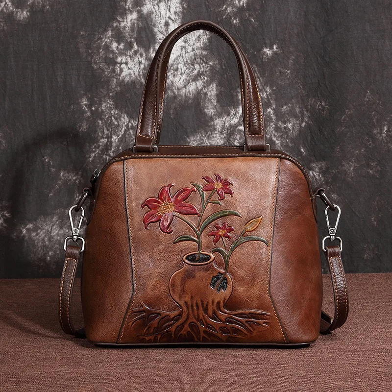 

Genuine Leather Hand Make Art Embroidery Customize Handbags Lady Tote Bag Woman Sac A Mains Luxury Boston Bag