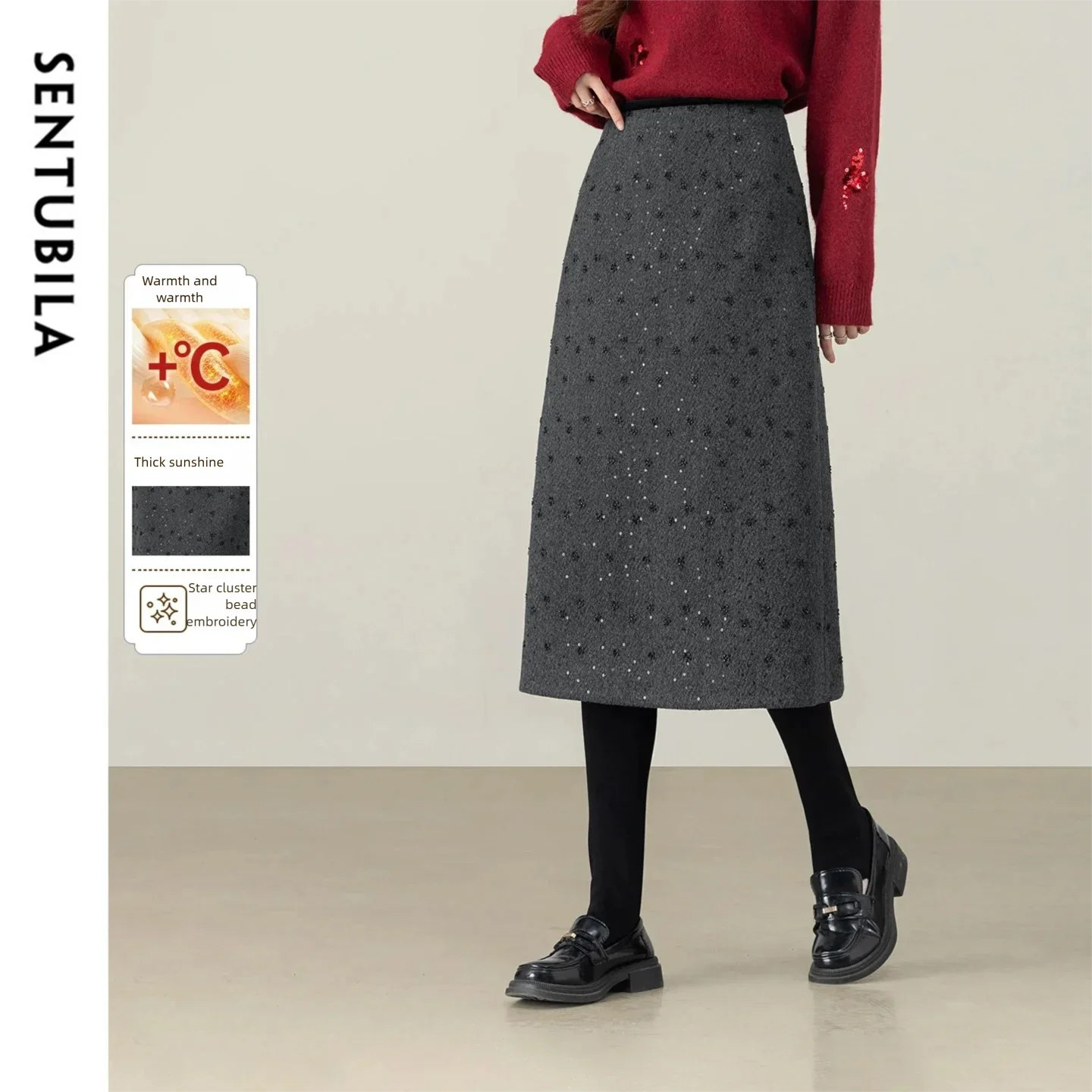 

SENTUBILA Grey Skirt for Women 2025 Winter Handmade Beading Sequin High Waist Midi A Line Skirt Commute Woman Clothes 164QA6368