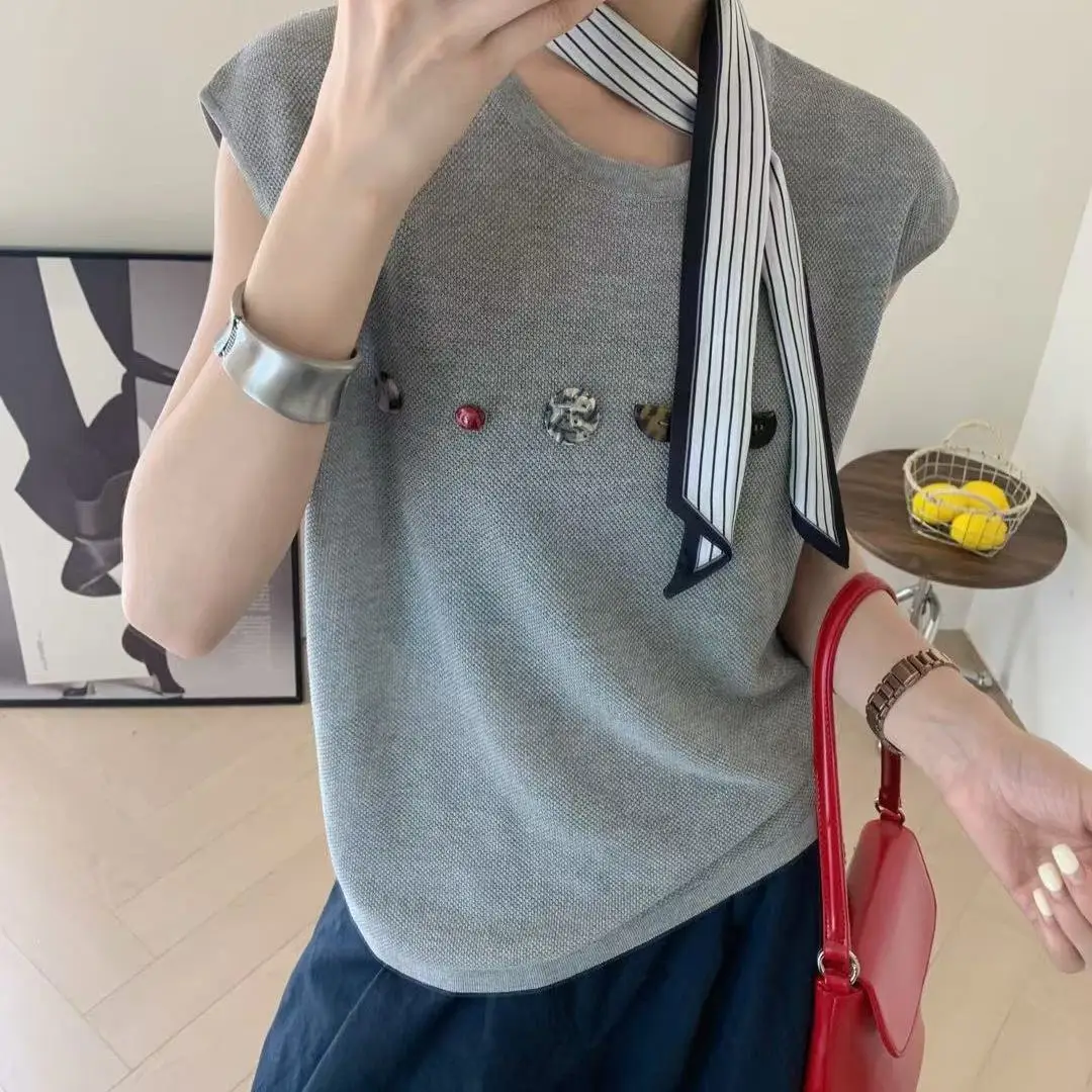 

Summer Women Knitted Blouse Casual Buttons Sleeveless Knitwears T-shirt Solid Casual Pullovers Female Shirt Top