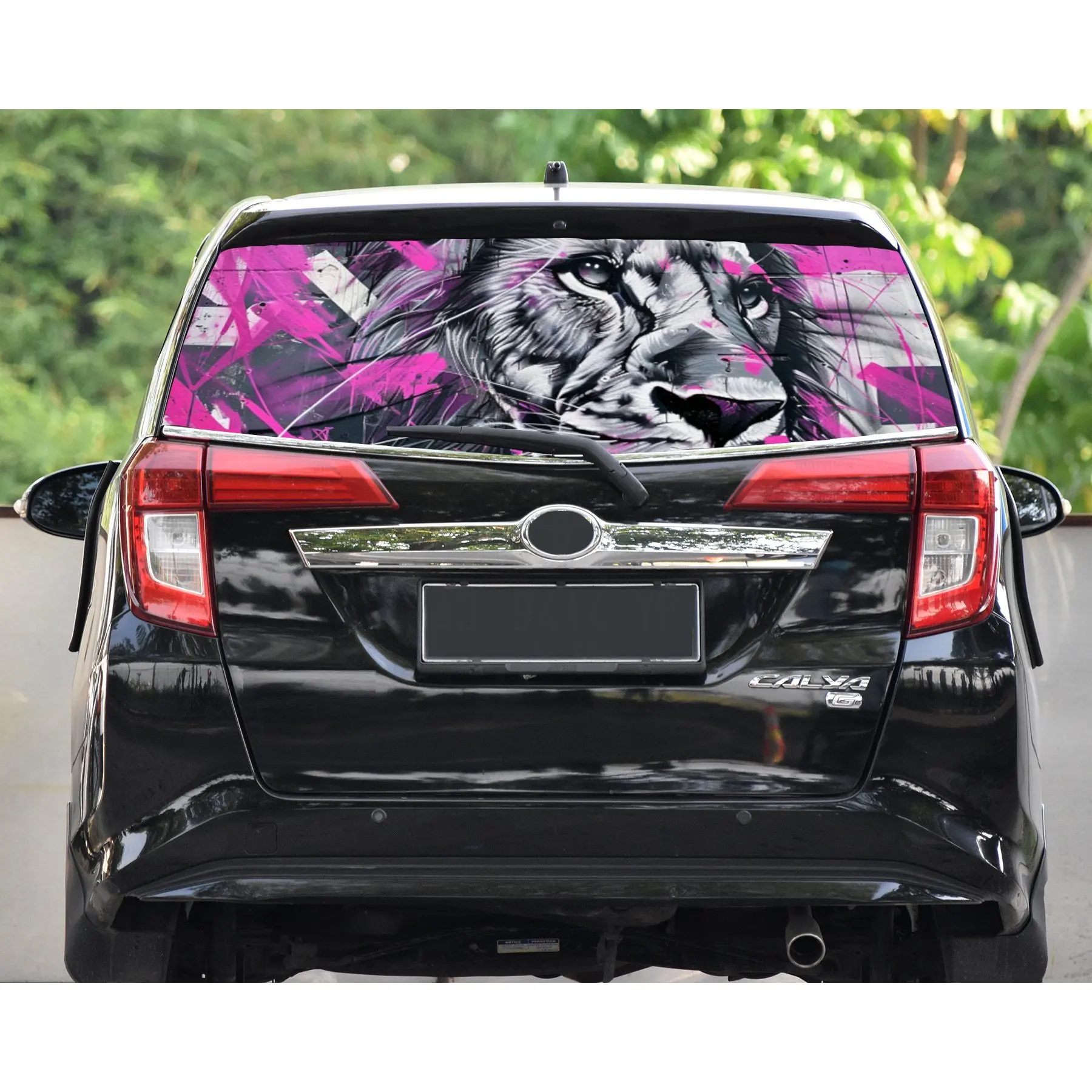 Cyber Pink Graffiti - أغطية فينيل للسيارة مثقوبة من مادة PVC على شكل أسد، ملصق متين للزجاج الأمامي الخلفي للسيارة، مظهر خلفي للسيارة مقاوم للماء