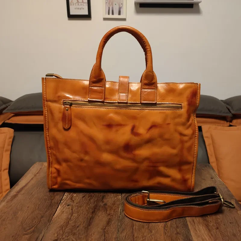 Vegetable tanned leather portable real cowhide briefcase retro large-capacity messenger bag