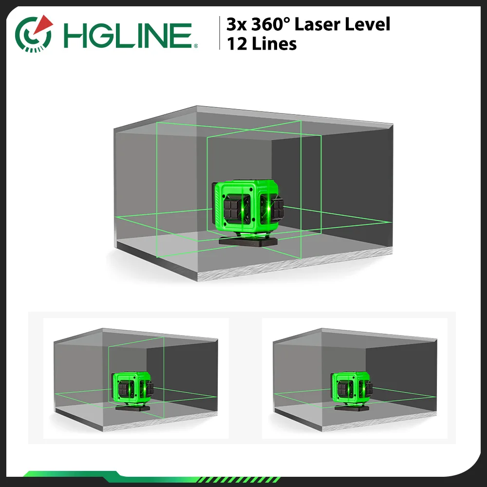 HGLINE 12 Lines 3D Laser Level Green Line Self-Leveling 360° Horizontal Vertical Super Power Laser Level with Remote Control